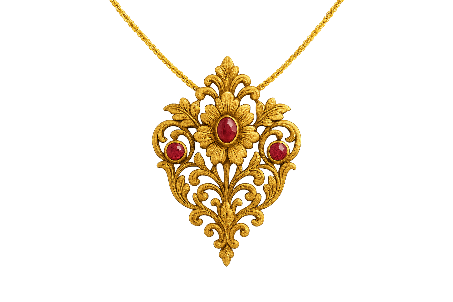 Elegant 22KT gold pendant necklace with intricate floral design. Perfect for festive and daily wear. with ruby give the image in png format no background 