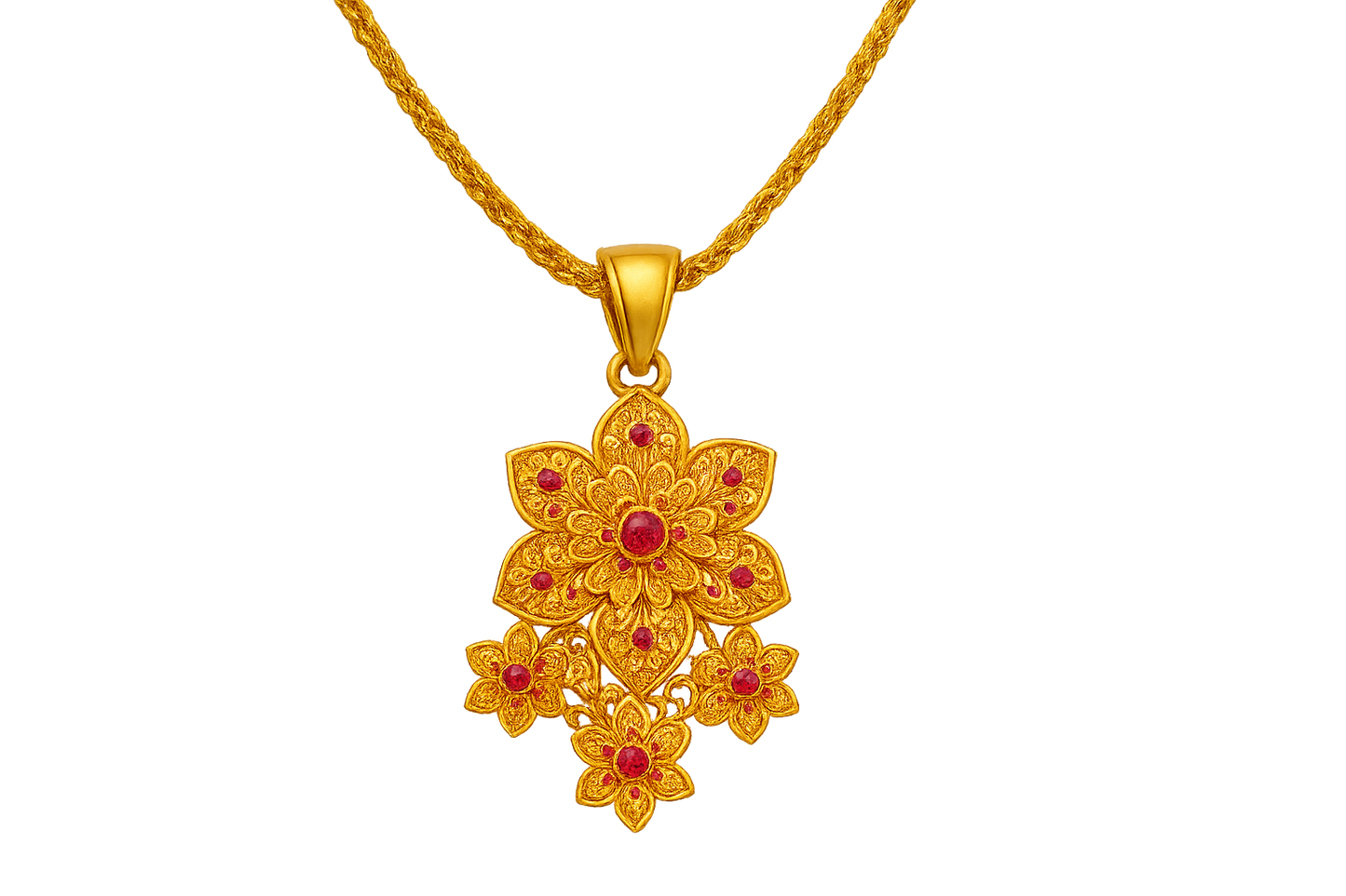 Elegant 22KT gold pendant necklace with intricate floral design. Perfect for festive and daily wear. with ruby give the image in png format no background 
