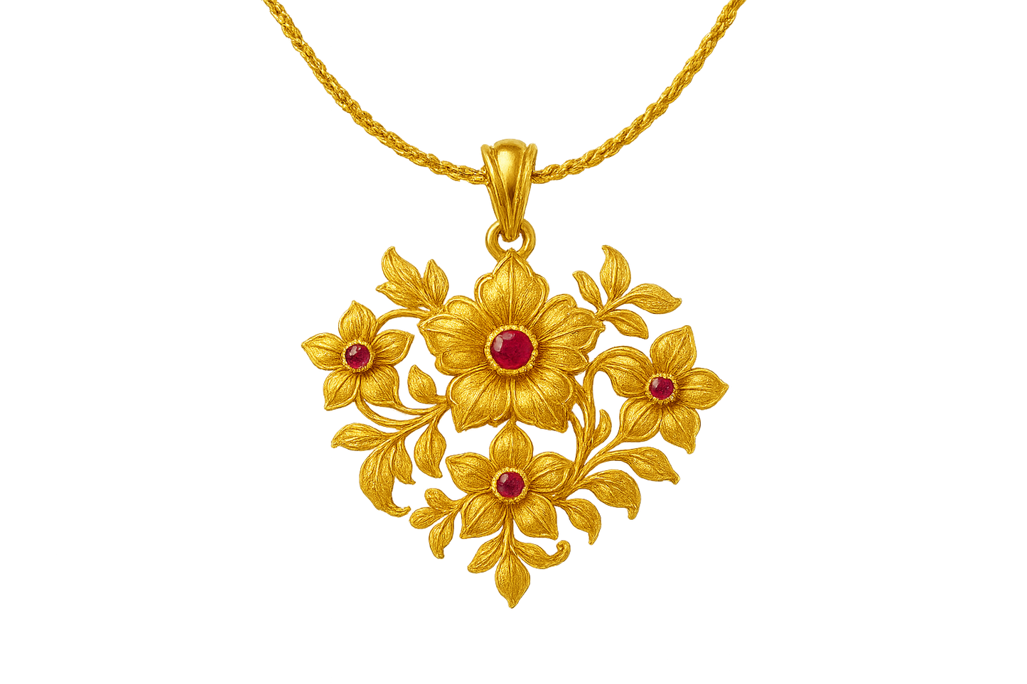 Elegant 22KT gold pendant necklace with intricate floral design. Perfect for festive and daily wear. with ruby give the image in png format no background  