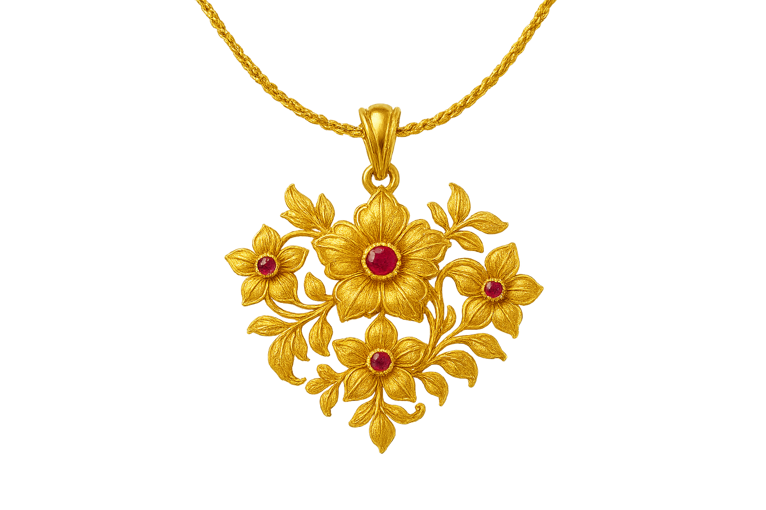 Elegant 22KT gold pendant necklace with intricate floral design. Perfect for festive and daily wear. with ruby give the image in png format no background  