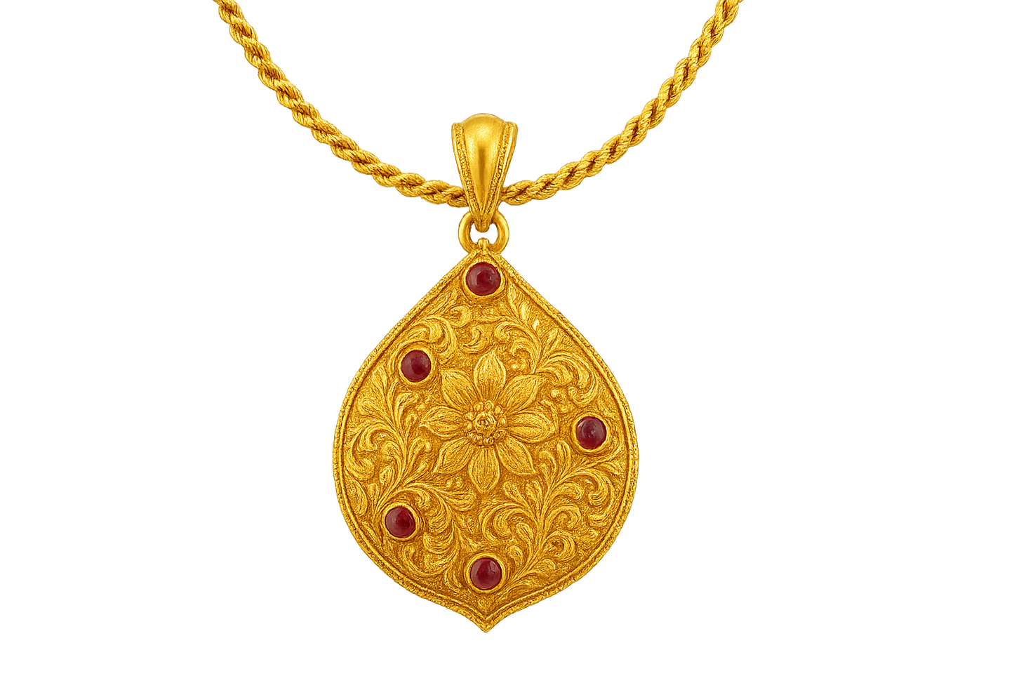 Elegant 22KT gold pendant necklace with intricate floral design. Perfect for festive and daily wear. with ruby give the image in png format no background