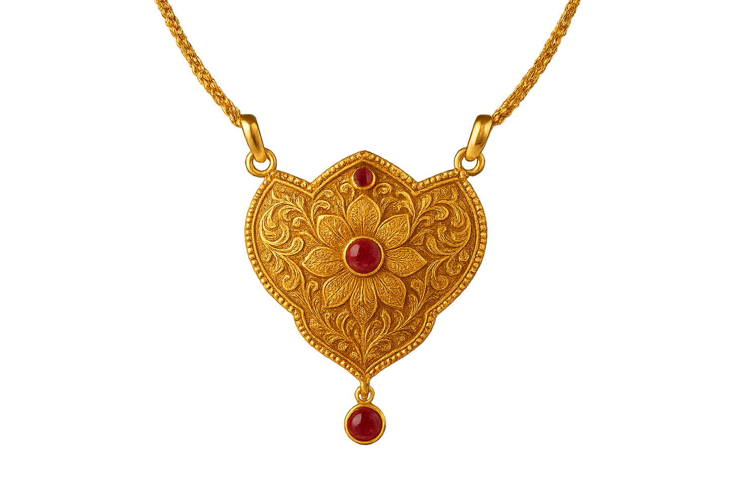 Elegant 22KT gold pendant necklace with intricate floral design. Perfect for festive and daily wear. with ruby give the image in png format no background