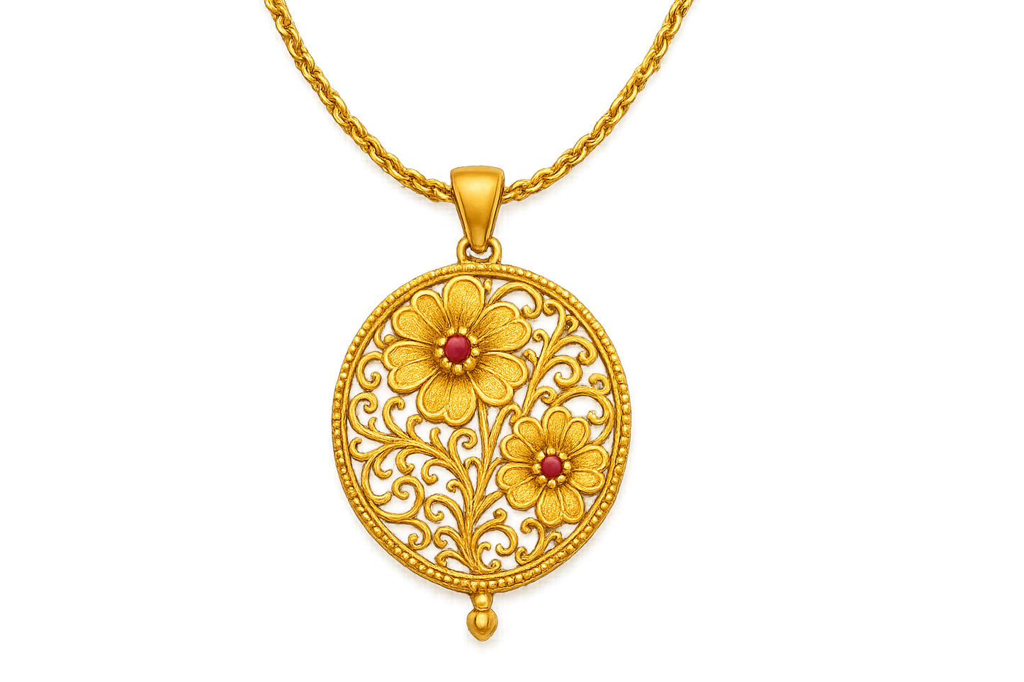Elegant 22KT gold pendant necklace with intricate floral design. Perfect for festive and daily wear. with ruby give the image in png format no background 