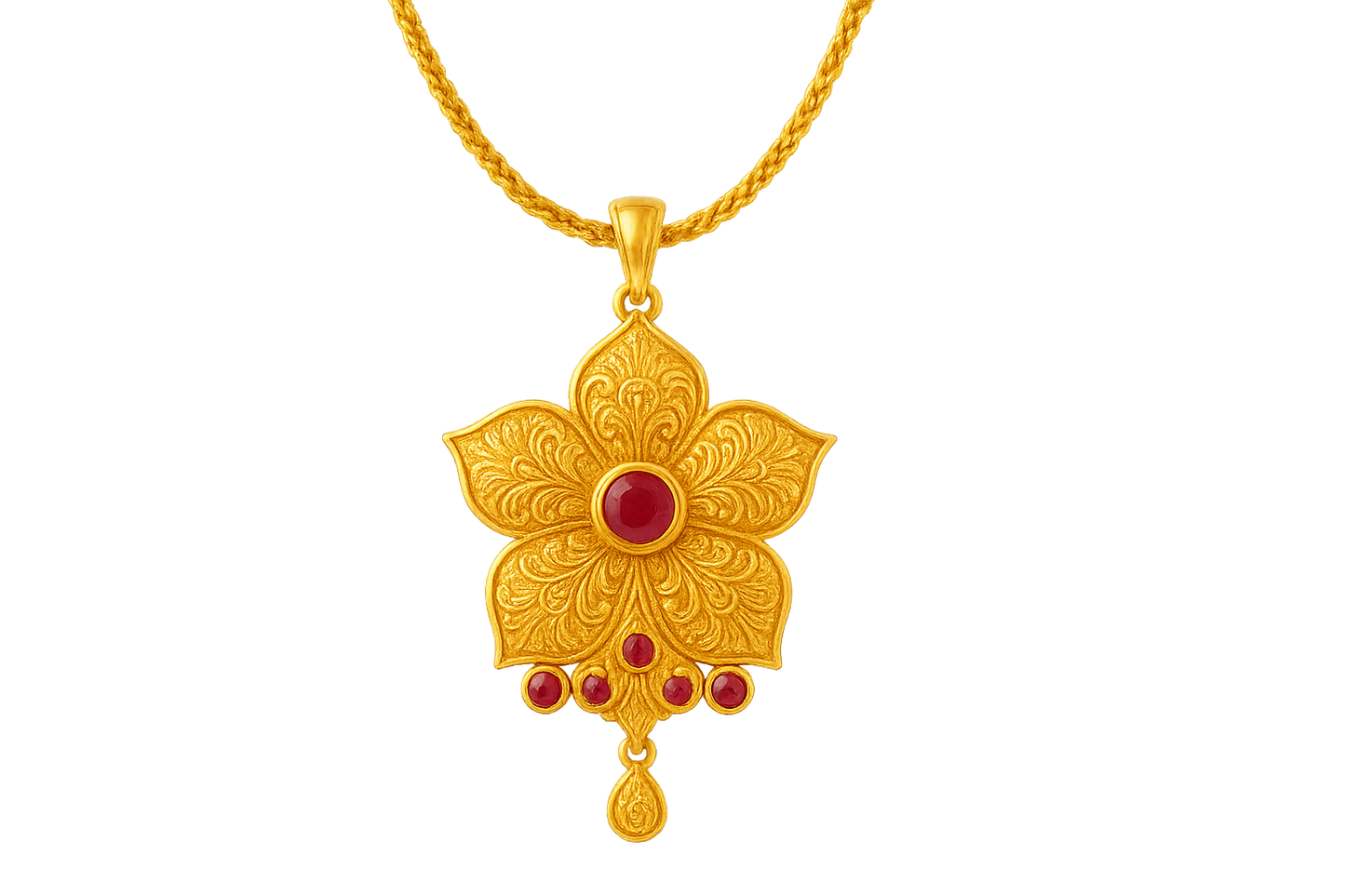Elegant 22KT gold pendant necklace with intricate floral design. Perfect for festive and daily wear. with ruby give the image in png format no background