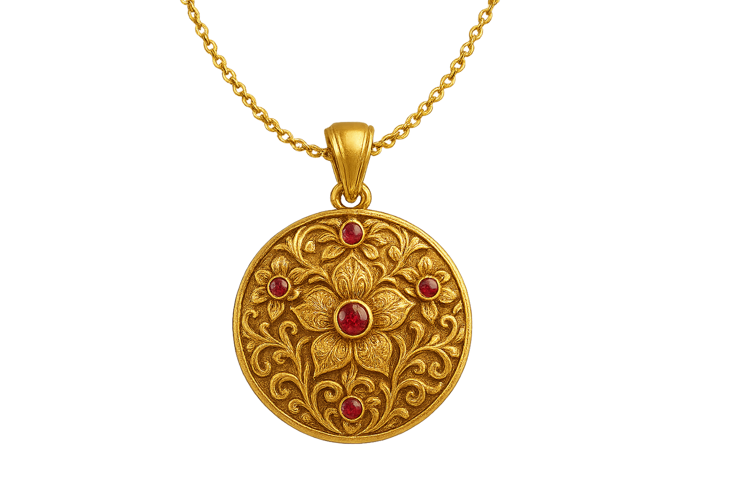 Elegant 22KT gold pendant necklace with intricate floral design. Perfect for festive and daily wear. with ruby give the image in png format no background 