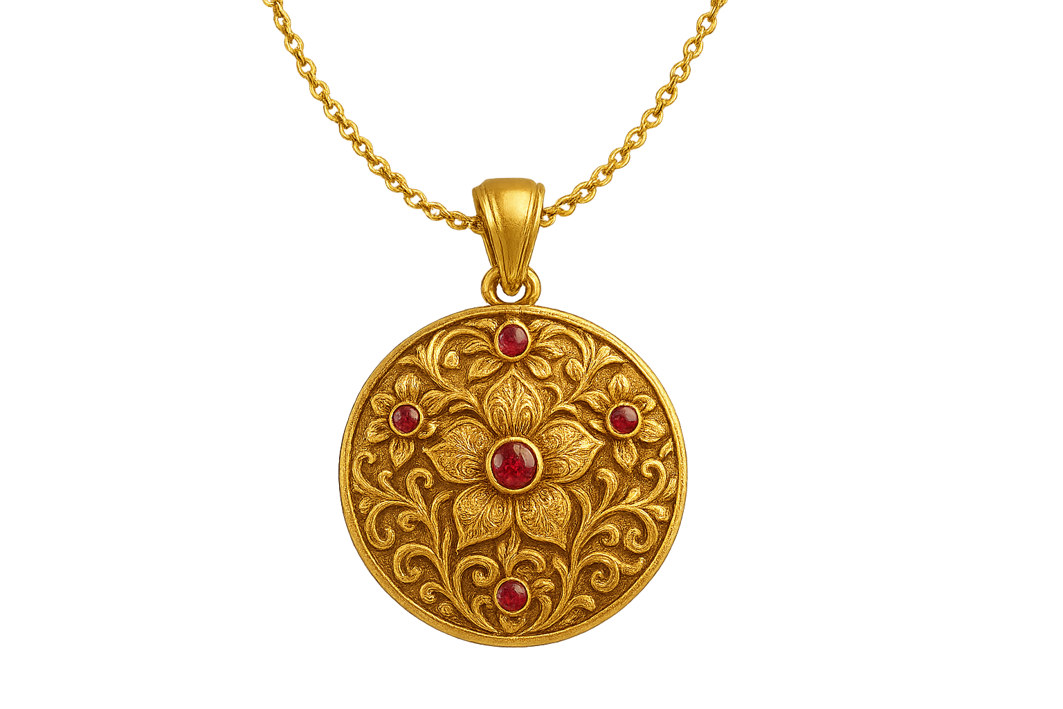 Elegant 22KT gold pendant necklace with intricate floral design. Perfect for festive and daily wear. with ruby give the image in png format no background 