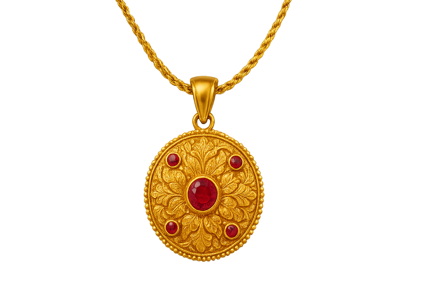 Elegant 22KT gold pendant necklace with intricate floral design. Perfect for festive and daily wear. with ruby give the image in png format no background