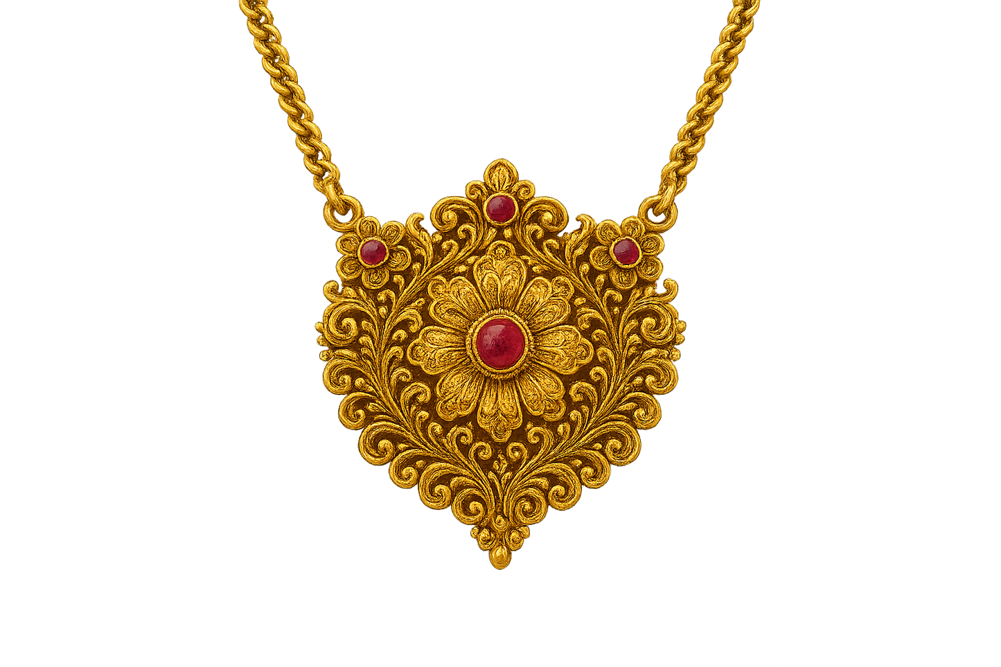 Elegant 22KT gold pendant necklace with intricate floral design. Perfect for festive and daily wear. with ruby give the image in png format no background  