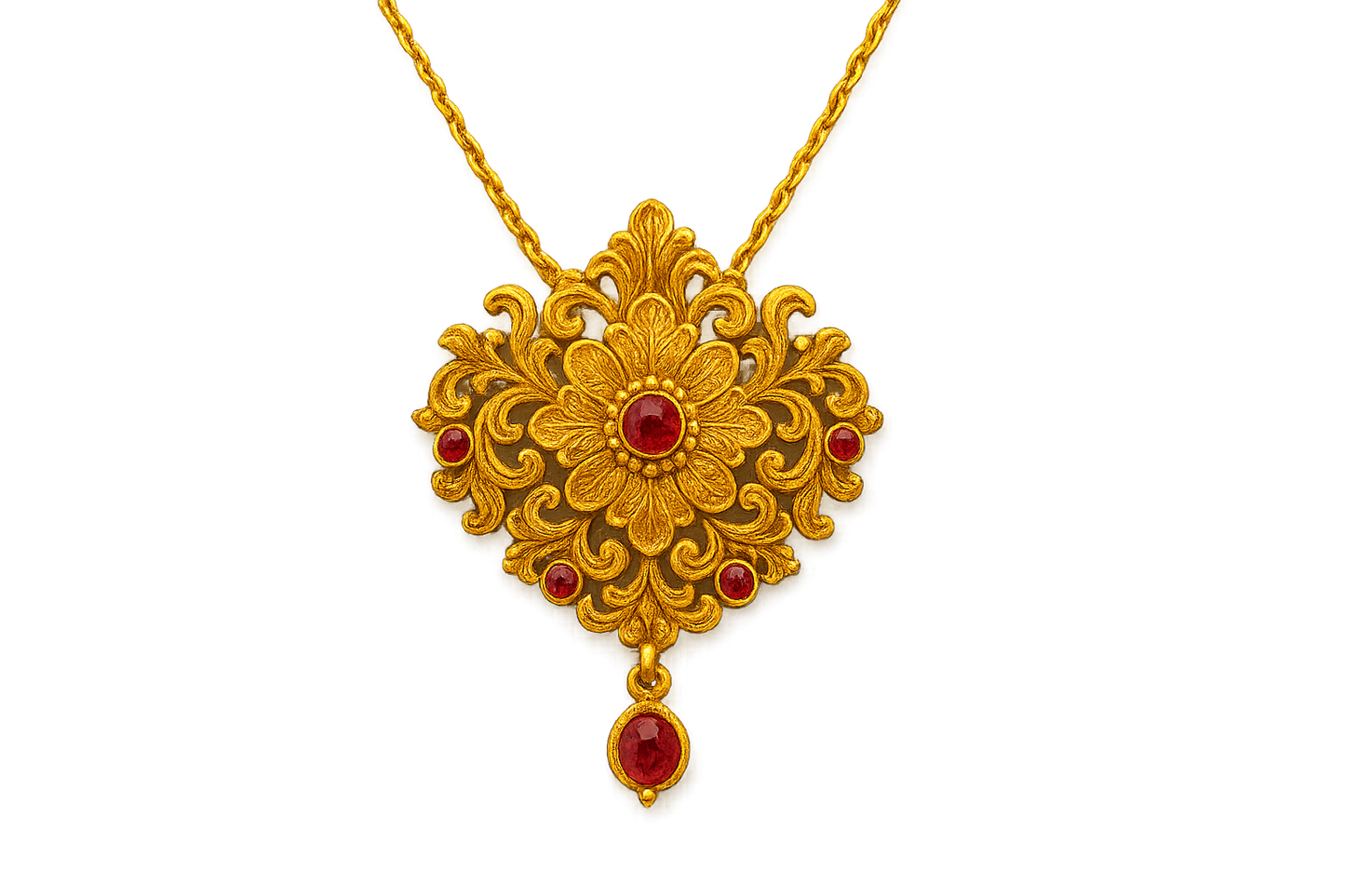 Elegant 22KT gold pendant necklace with intricate floral design. Perfect for festive and daily wear. with ruby give the image in png format no background