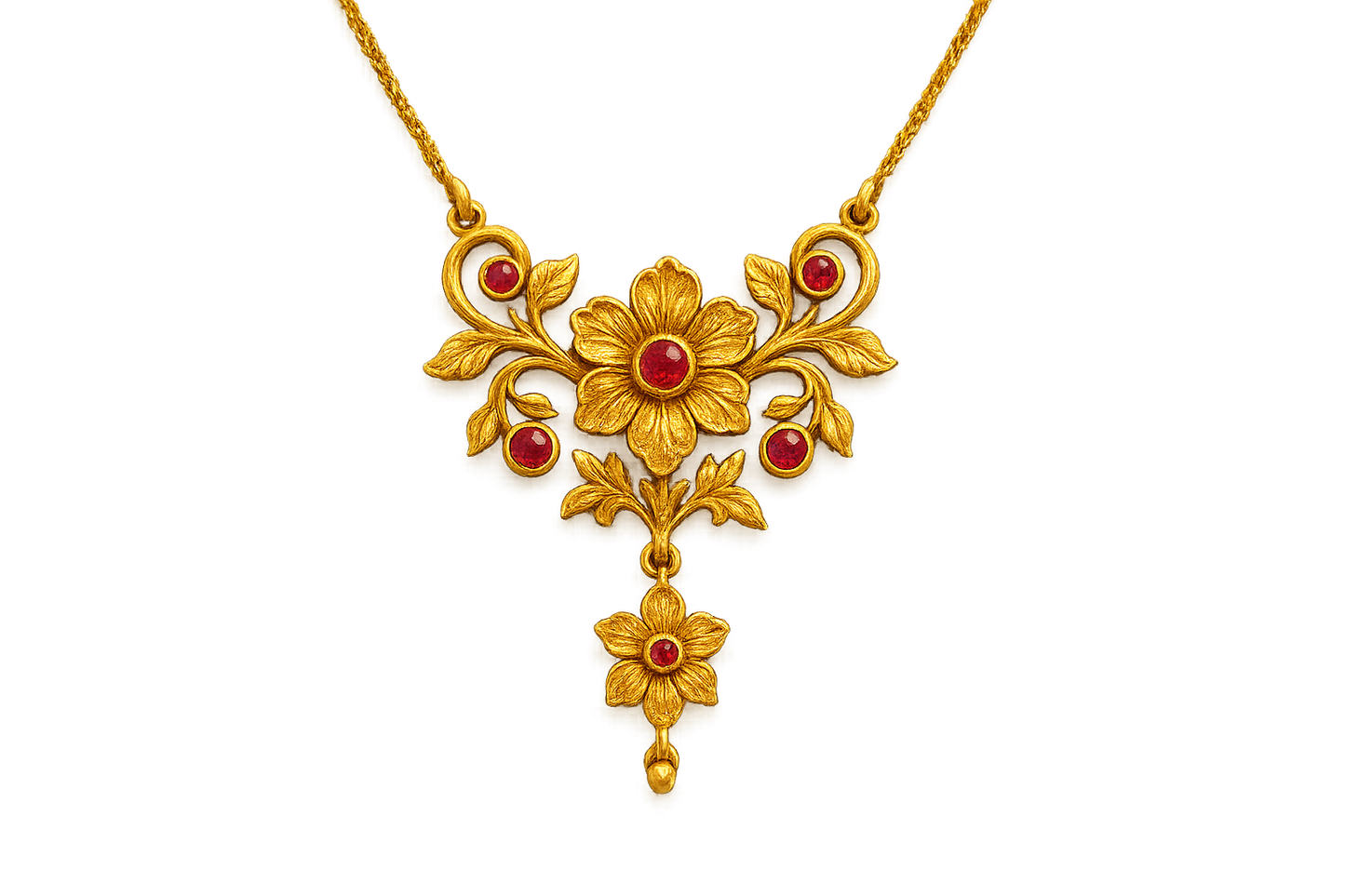 Elegant 22KT gold pendant necklace with intricate floral design. Perfect for festive and daily wear. with ruby give the image in png format no background  