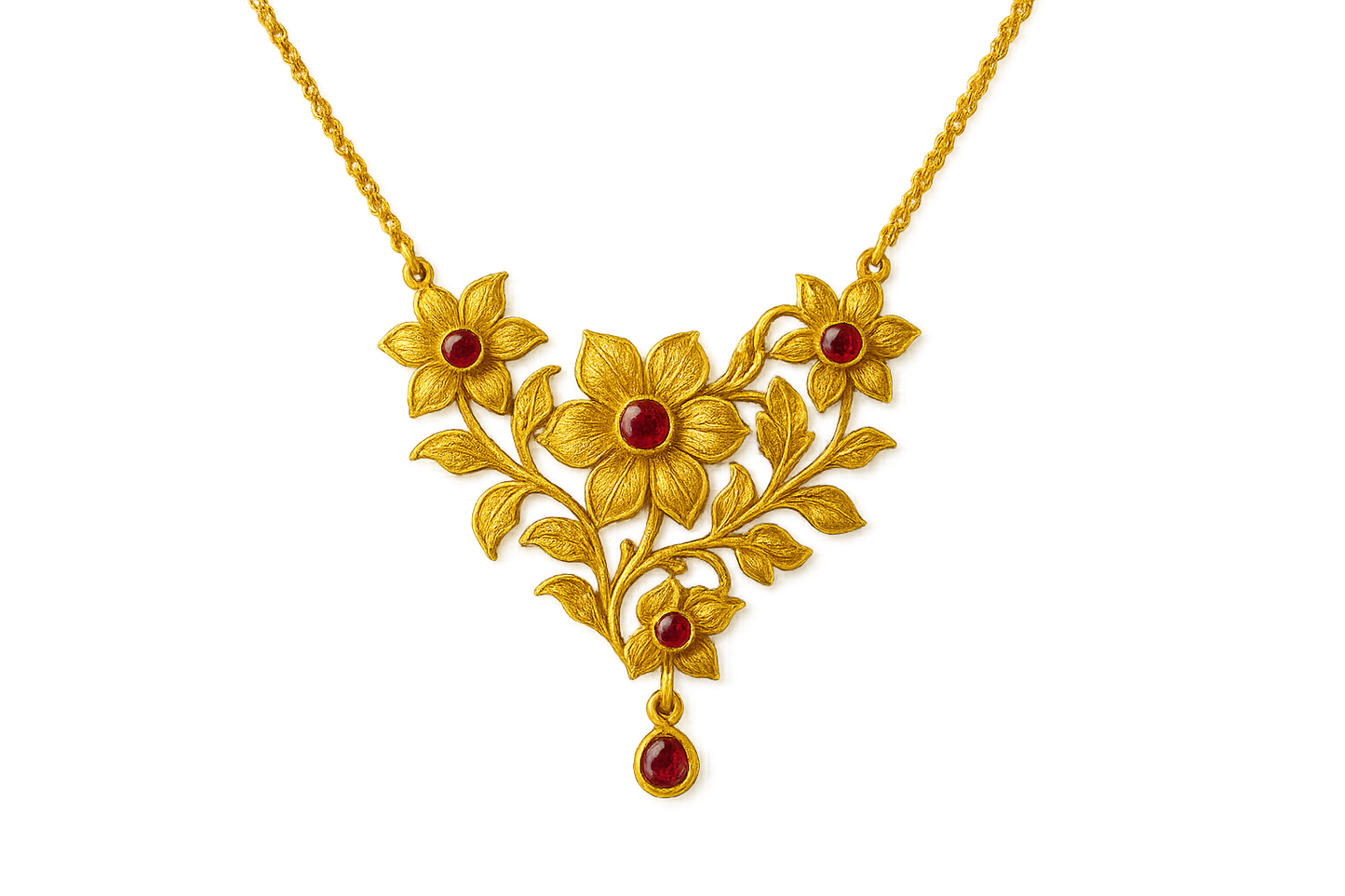 Elegant 22KT gold pendant necklace with intricate floral design. Perfect for festive and daily wear. with ruby give the image in png format no background 