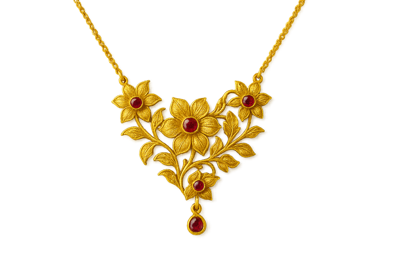 Elegant 22KT gold pendant necklace with intricate floral design. Perfect for festive and daily wear. with ruby give the image in png format no background 