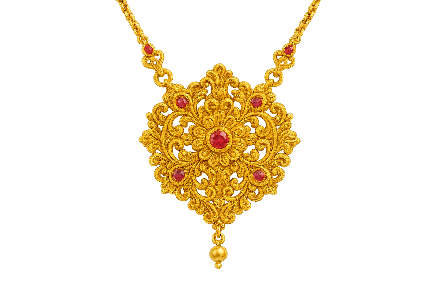 Elegant 22KT gold pendant necklace with intricate floral design. Perfect for festive and daily wear. with ruby give the image in png format no background 
