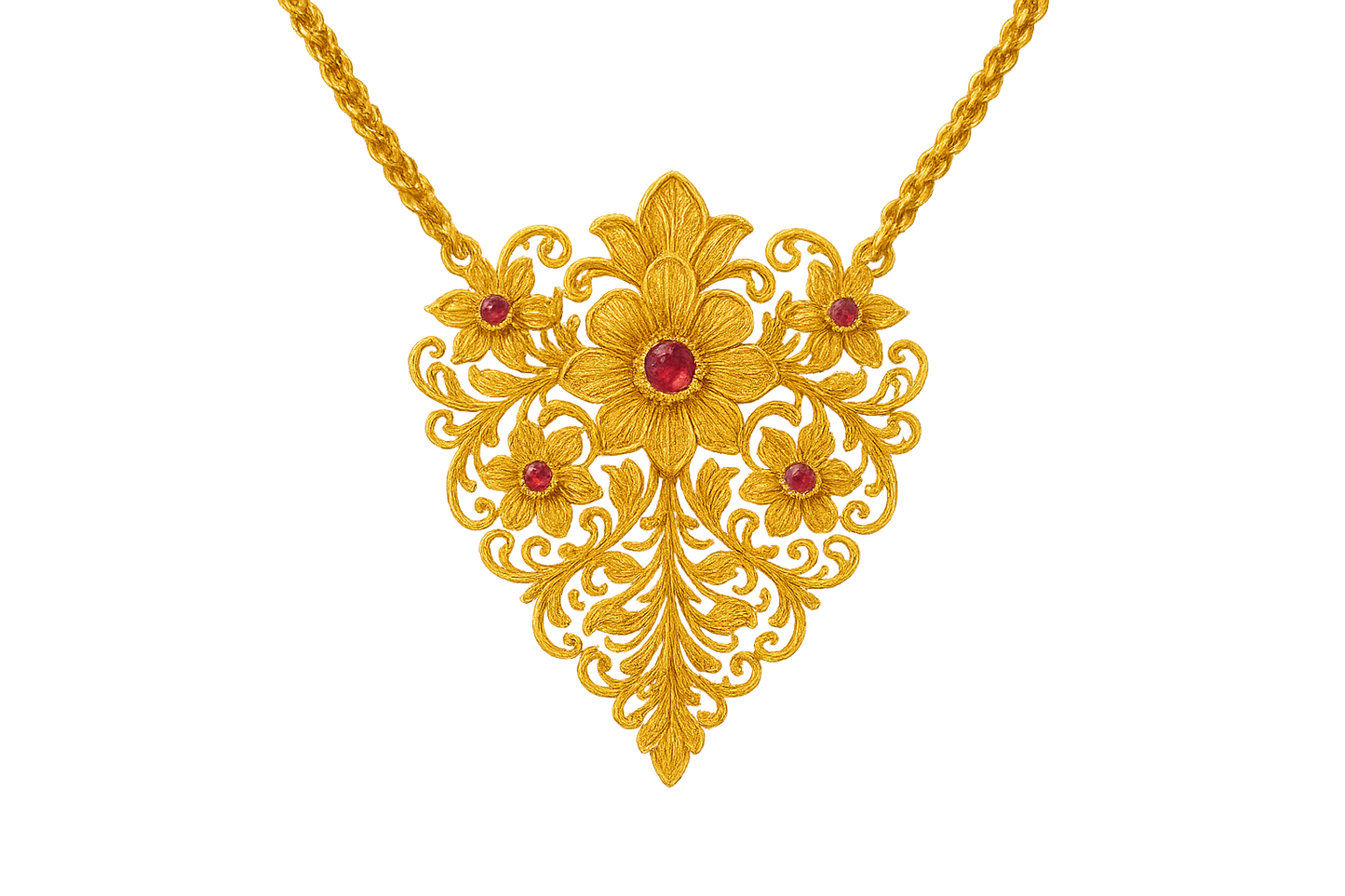 Elegant 22KT gold pendant necklace with intricate floral design. Perfect for festive and daily wear. with ruby give the image in png format no background 