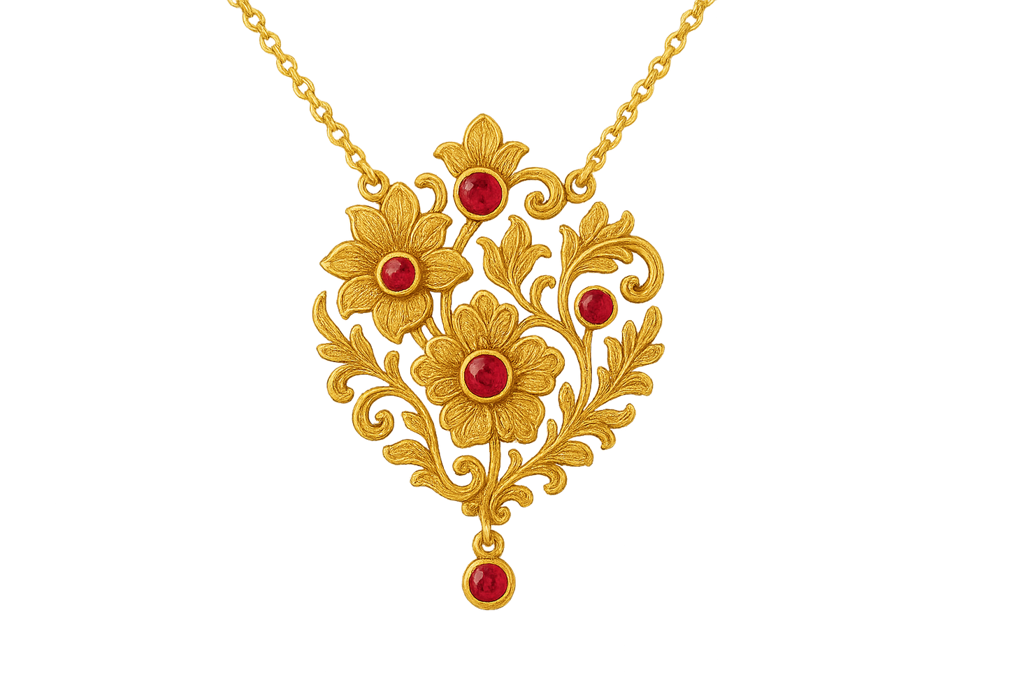 Elegant 22KT gold pendant necklace with intricate floral design. Perfect for festive and daily wear. with ruby give the image in png format no background 