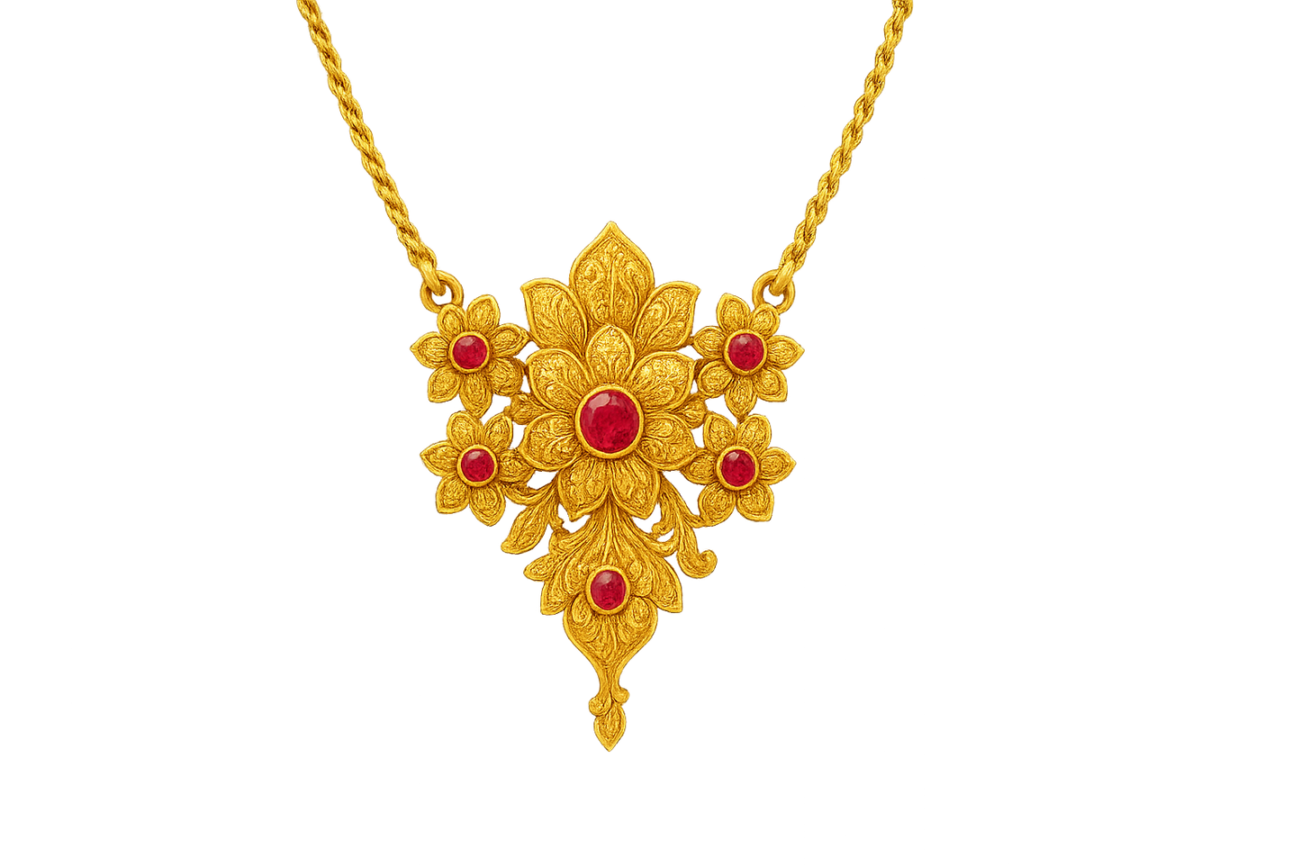 Elegant 22KT gold pendant necklace with intricate floral design. Perfect for festive and daily wear. with ruby give the image in png format no background 