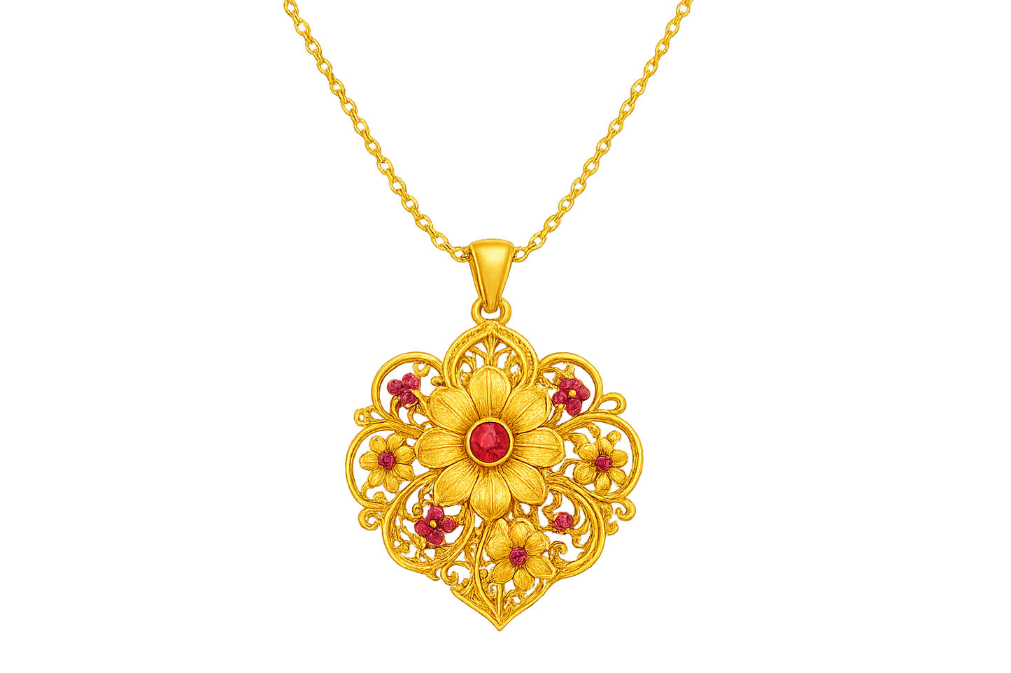 Elegant 22KT gold pendant necklace with intricate floral design. Perfect for festive and daily wear. with ruby give the image in png format no background 