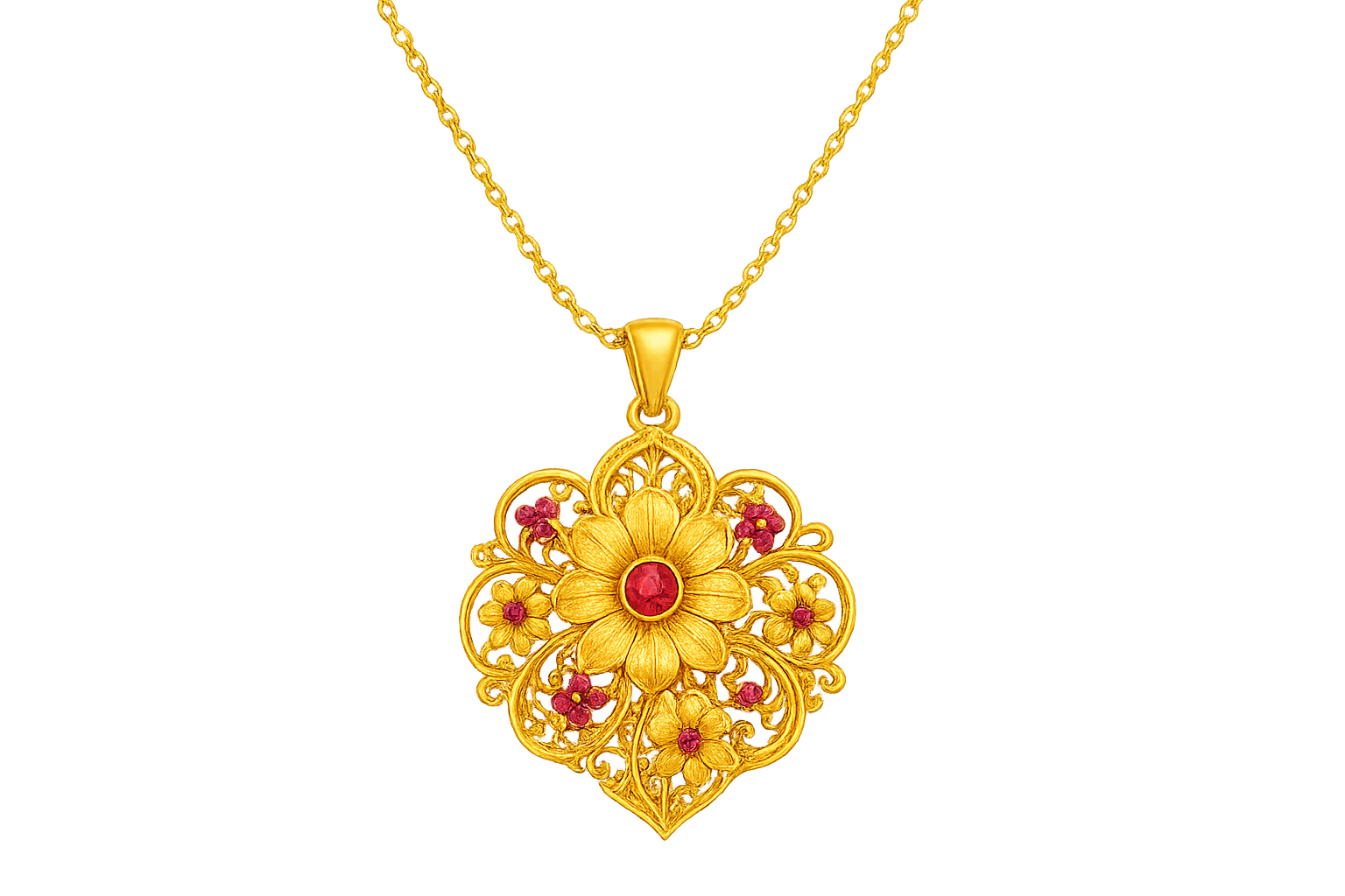 Elegant 22KT gold pendant necklace with intricate floral design. Perfect for festive and daily wear. with ruby give the image in png format no background 