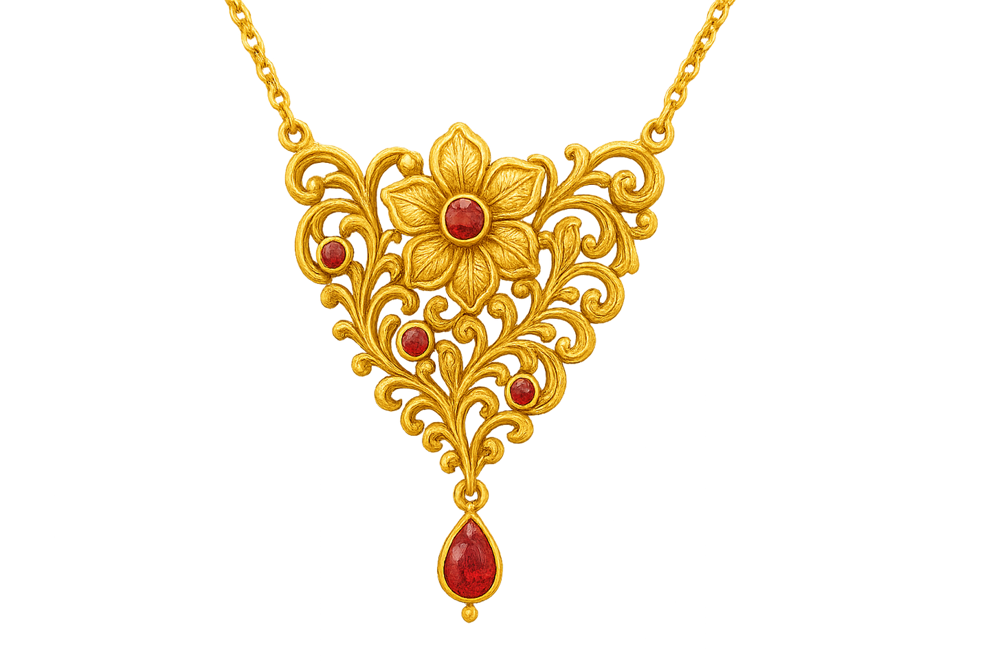 Elegant 22KT gold pendant necklace with intricate floral design. Perfect for festive and daily wear. with ruby give the image in png format no background 