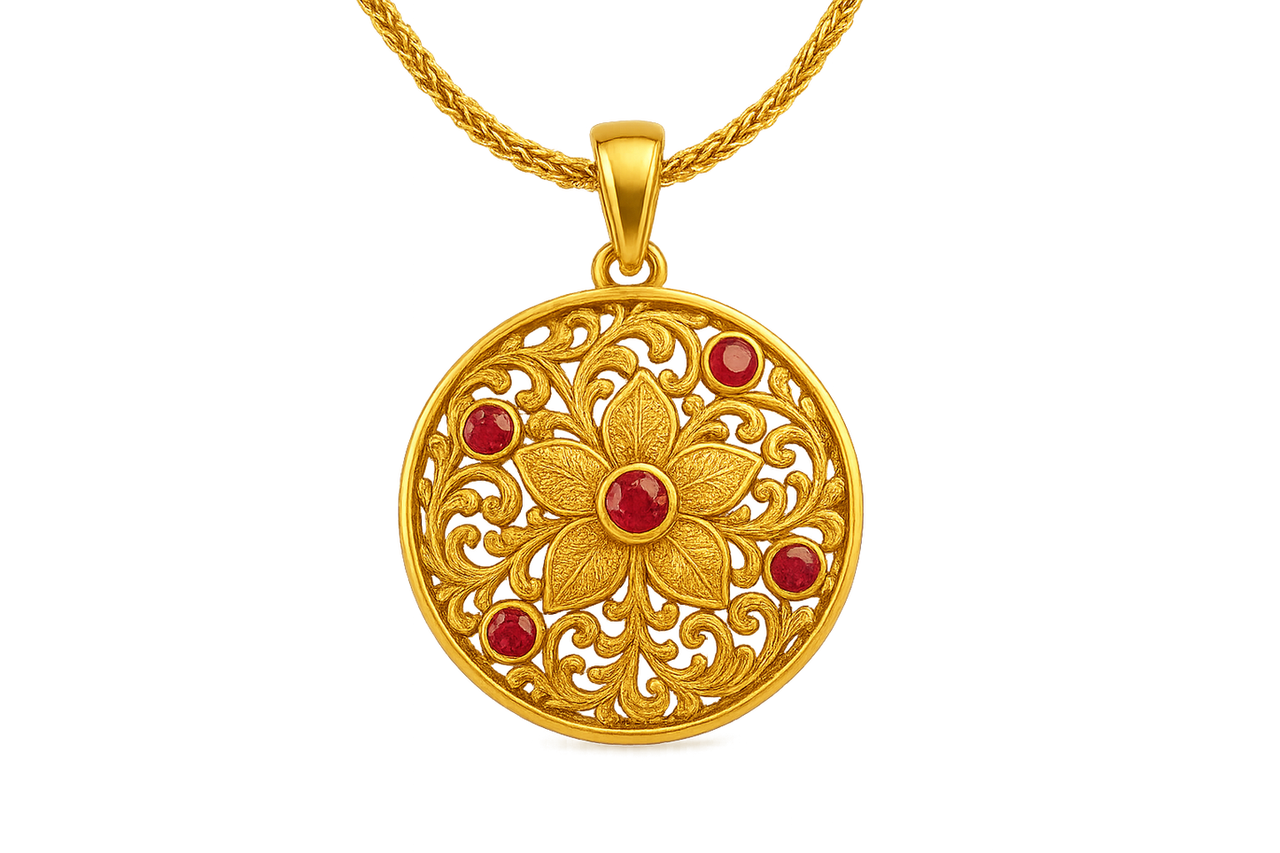 Elegant 22KT gold pendant necklace with intricate floral design. Perfect for festive and daily wear. with ruby give the image in png format no background