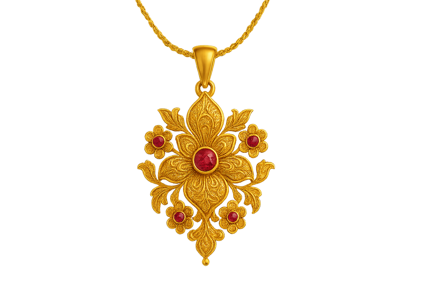 Elegant 22KT gold pendant necklace with intricate floral design. Perfect for festive and daily wear. with ruby give the image in png format no background 