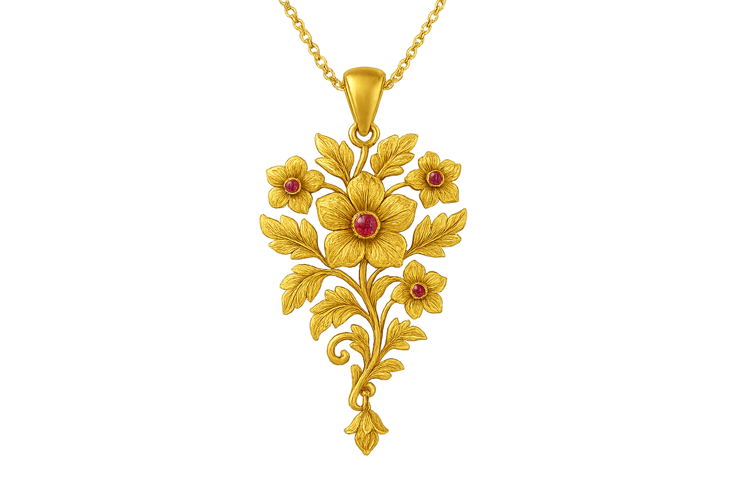 Elegant 22KT gold pendant necklace with intricate floral design. Perfect for festive and daily wear. with ruby give the image in png format no background 