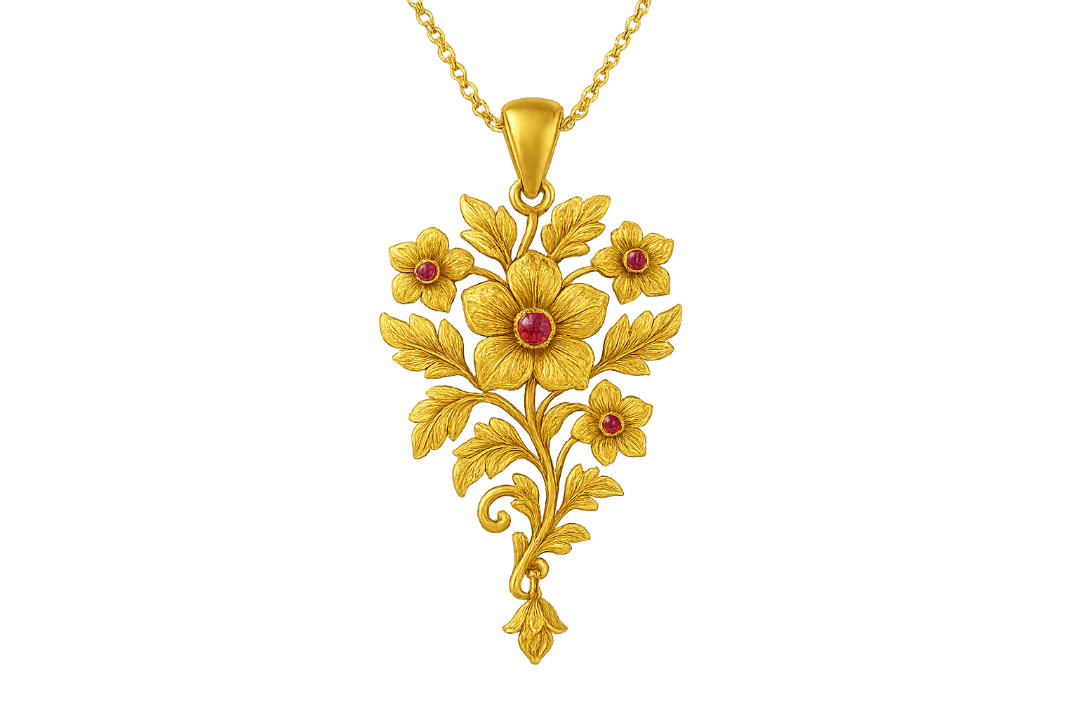 Elegant 22KT gold pendant necklace with intricate floral design. Perfect for festive and daily wear. with ruby give the image in png format no background 