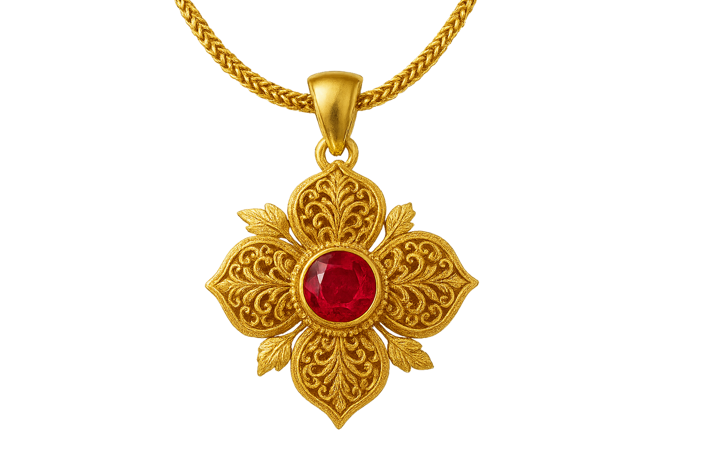  Elegant 22KT gold pendant necklace with intricate floral design. Perfect for festive and daily wear. with ruby give the image in png format no background  