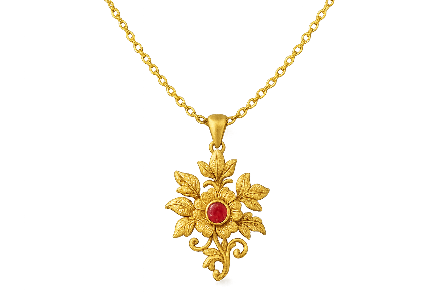 Elegant 22KT gold pendant necklace with intricate floral design. Perfect for festive and daily wear. with ruby give the image in png format no background 