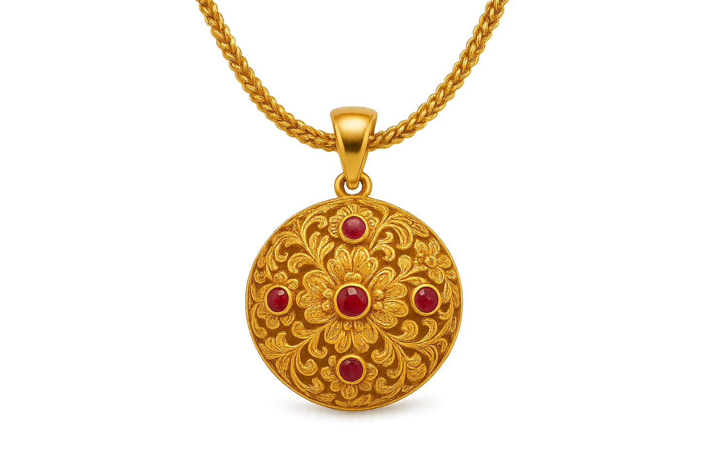 Elegant 22KT gold pendant necklace with intricate floral design. Perfect for festive and daily wear. with ruby give the image in png format no background