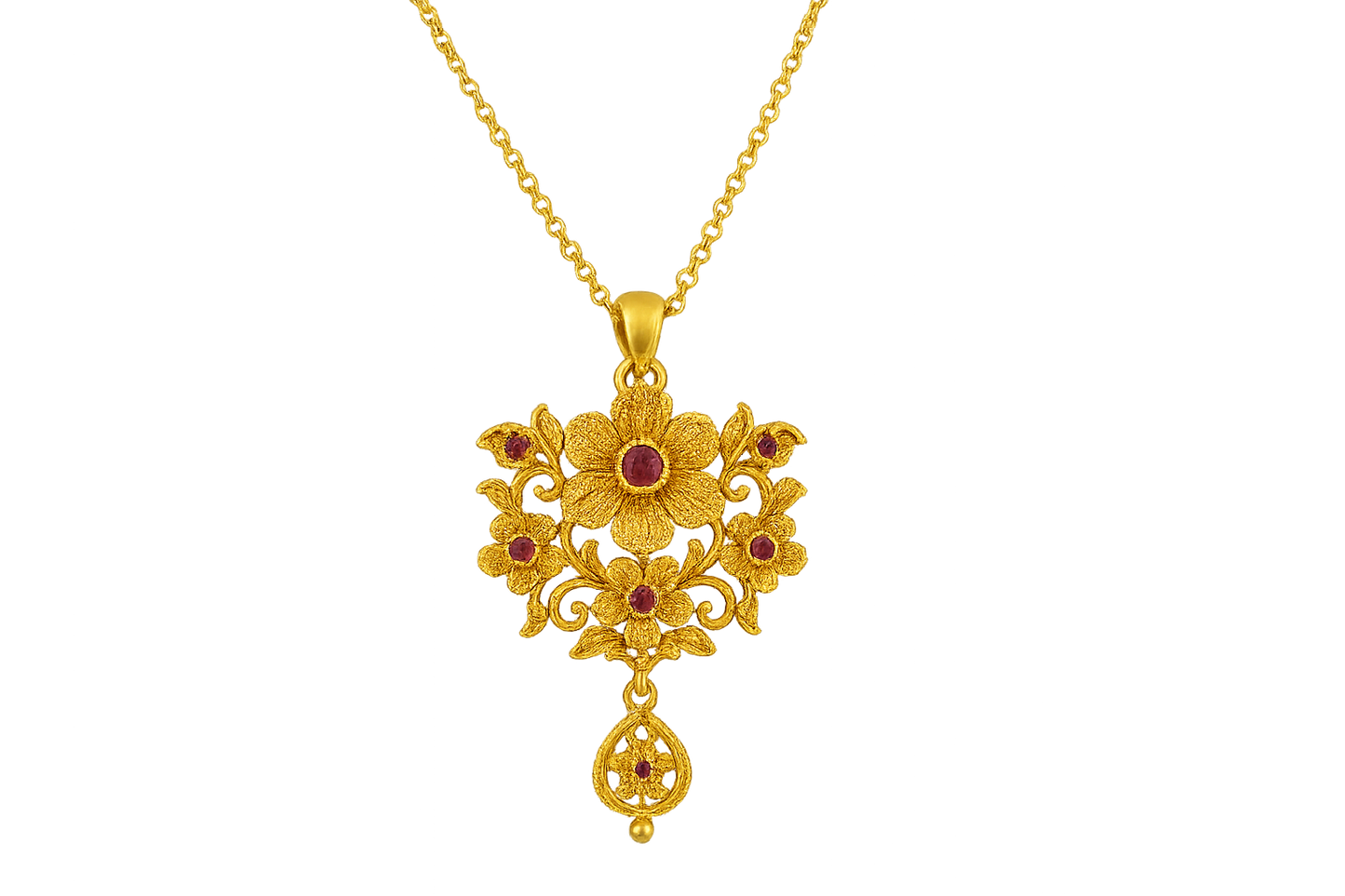 Elegant 22KT gold pendant necklace with intricate floral design. Perfect for festive and daily wear. with ruby give the image in png format no background 