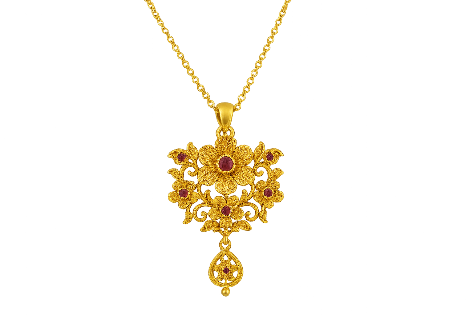 Elegant 22KT gold pendant necklace with intricate floral design. Perfect for festive and daily wear. with ruby give the image in png format no background 