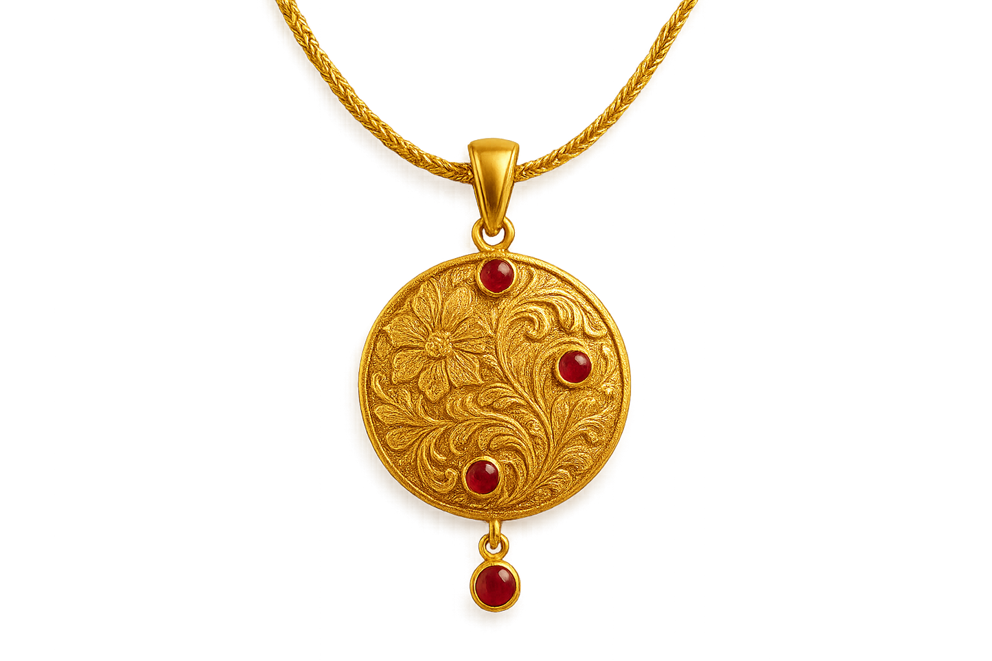 Elegant 22KT gold pendant necklace with intricate floral design. Perfect for festive and daily wear. with ruby give the image in png format no background