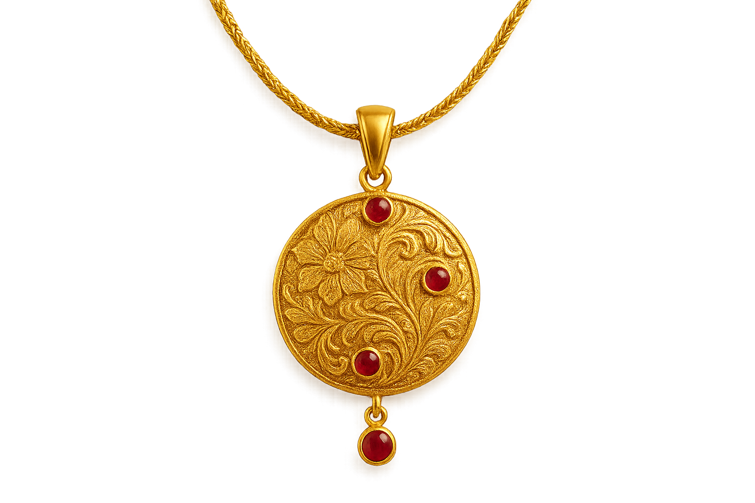 Elegant 22KT gold pendant necklace with intricate floral design. Perfect for festive and daily wear. with ruby give the image in png format no background
