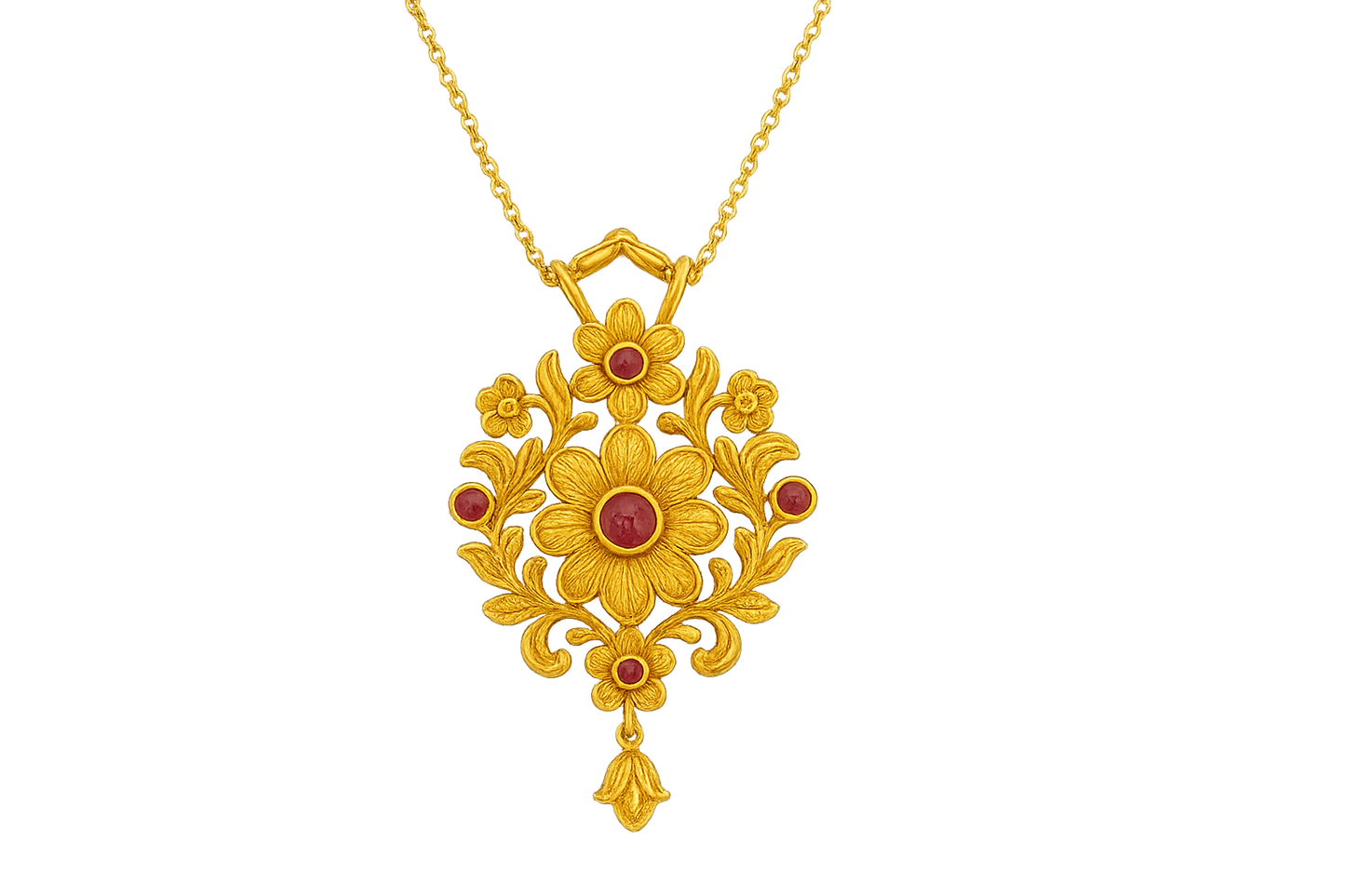 Elegant 22KT gold pendant necklace with intricate floral design. Perfect for festive and daily wear. with ruby give the image in png format no background 