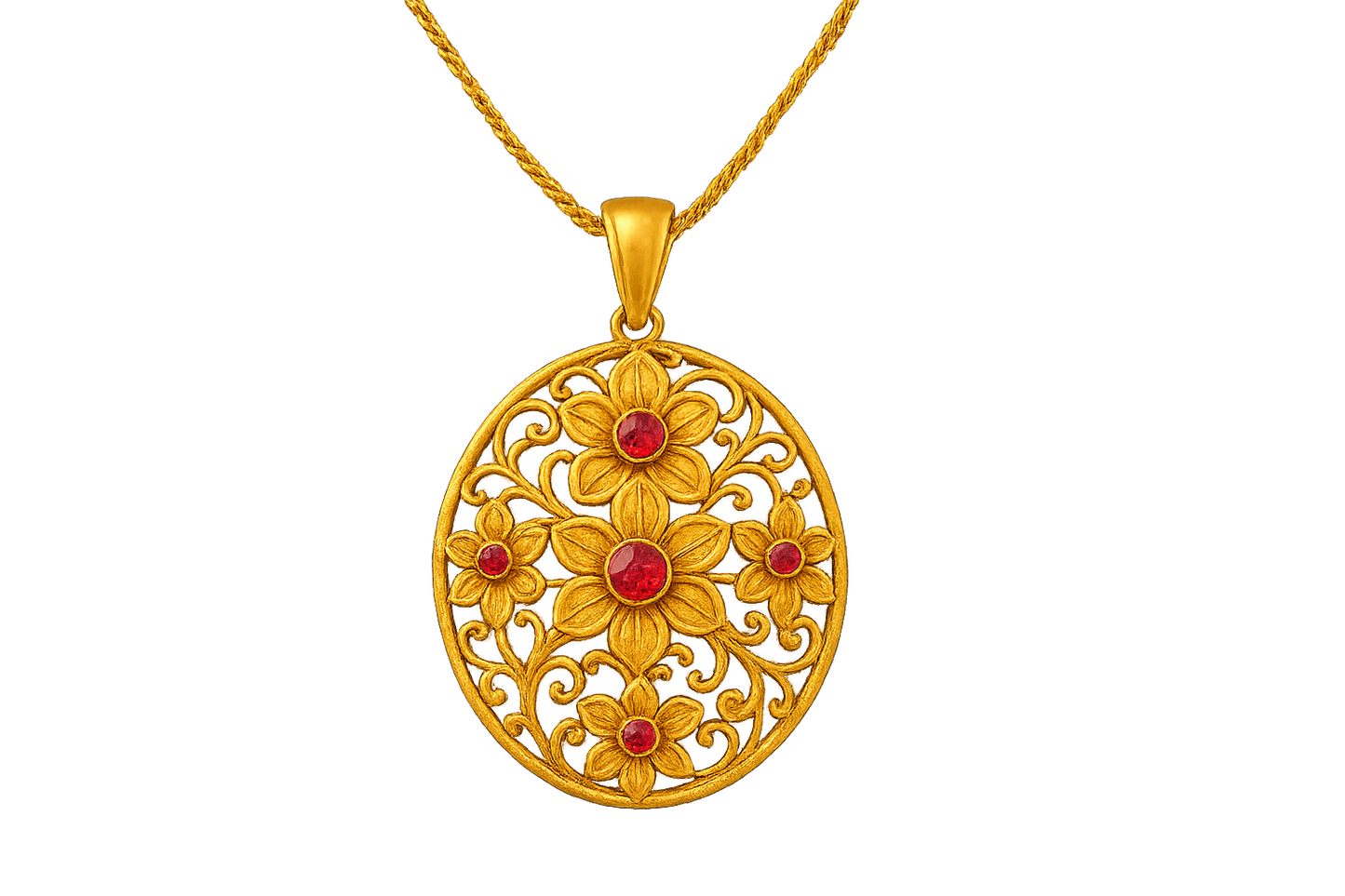 Elegant 22KT gold pendant necklace with intricate floral design. Perfect for festive and daily wear. with ruby give the image in png format no background 