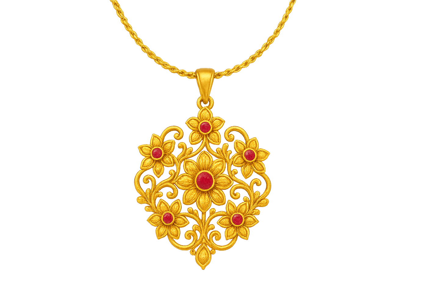 Elegant 22KT gold pendant necklace with intricate floral design. Perfect for festive and daily wear. with ruby give the image in png format no background