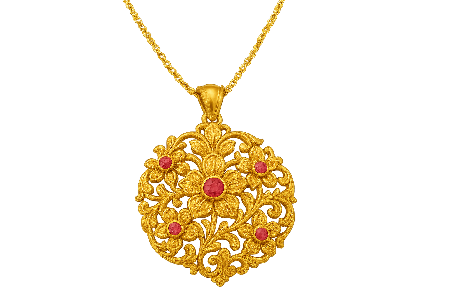 Elegant 22KT gold pendant necklace with intricate floral design. Perfect for festive and daily wear. with ruby give the image in png format no background 