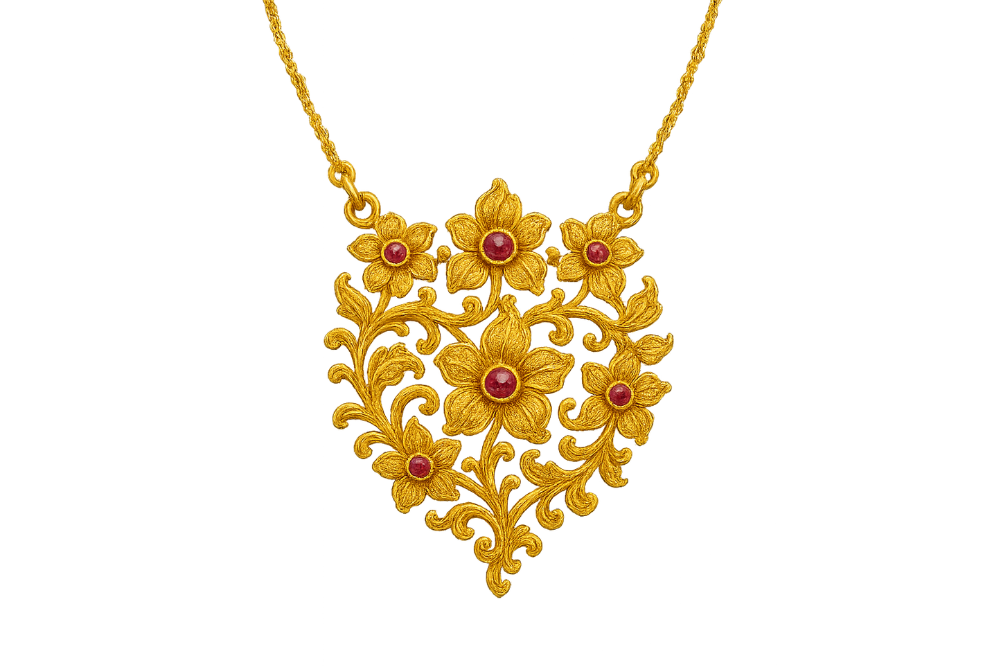 Elegant 22KT gold pendant necklace with intricate floral design. Perfect for festive and daily wear. with ruby give the image in png format no background 