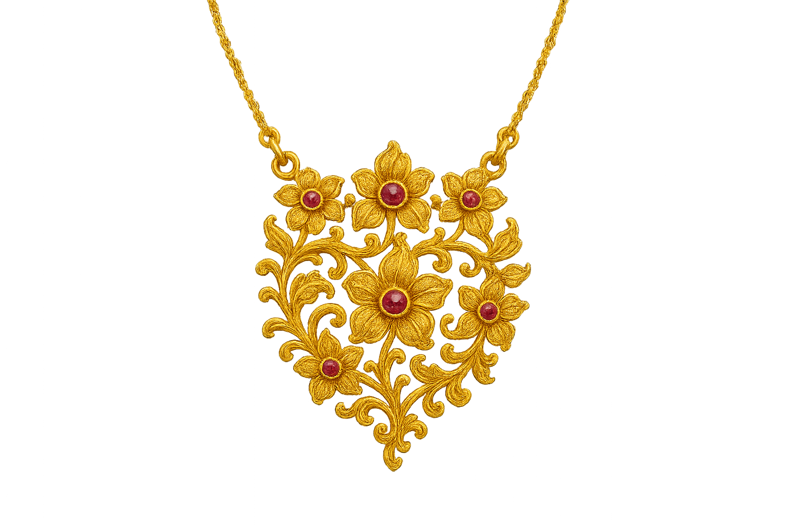 Elegant 22KT gold pendant necklace with intricate floral design. Perfect for festive and daily wear. with ruby give the image in png format no background 