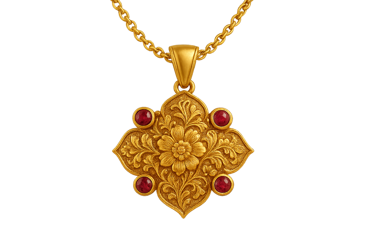 Elegant 22KT gold pendant necklace with intricate floral design. Perfect for festive and daily wear. with ruby give the image in png format no background