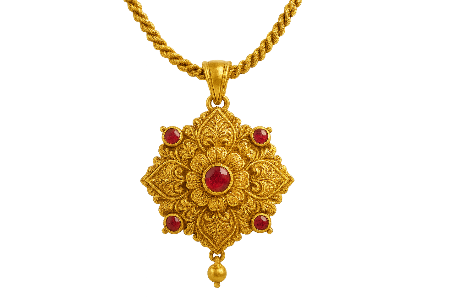 Elegant 22KT gold pendant necklace with intricate floral design. Perfect for festive and daily wear. with ruby give the image png format no background 