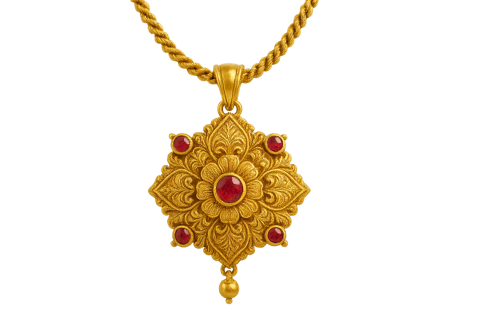 Elegant 22KT gold pendant necklace with intricate floral design. Perfect for festive and daily wear. with ruby give the image png format no background 