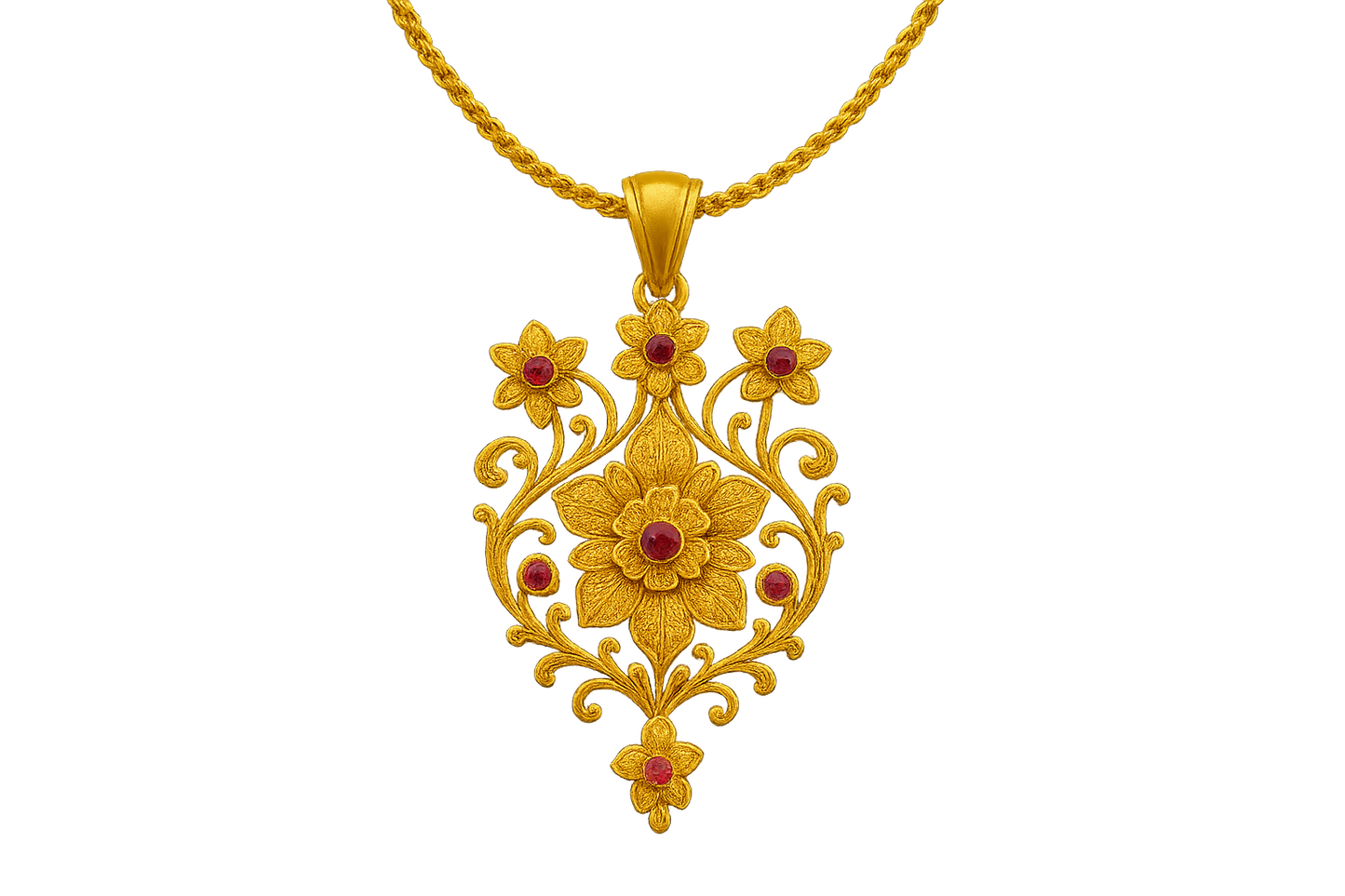 Elegant 22KT gold pendant necklace with intricate floral design. Perfect for festive and daily wear. with ruby give the image png format no background
