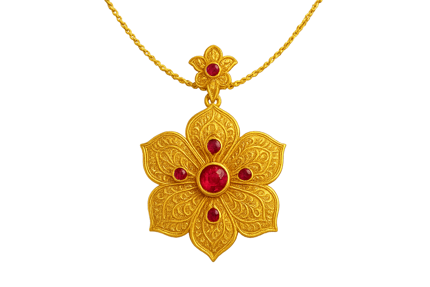 Elegant 22KT gold pendant necklace with intricate floral design. Perfect for festive and daily wear. with ruby give the image png format no background