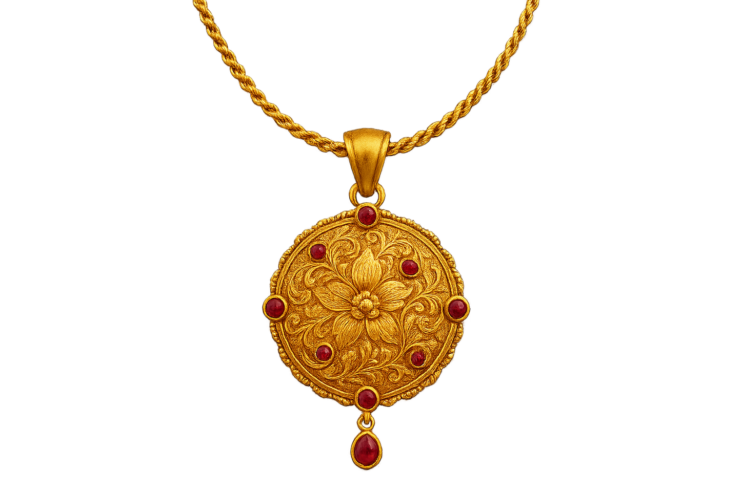 Elegant 22KT gold pendant necklace with intricate floral design. Perfect for festive and daily wear. with ruby give the image png format no background 