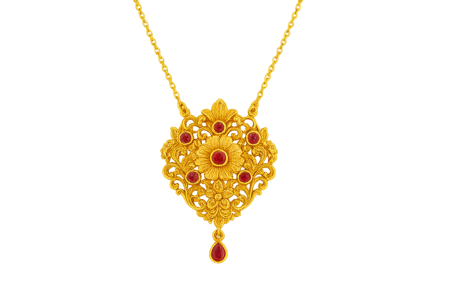 Elegant 22KT gold pendant necklace with intricate floral design. Perfect for festive and daily wear. with ruby give the image png format no background 