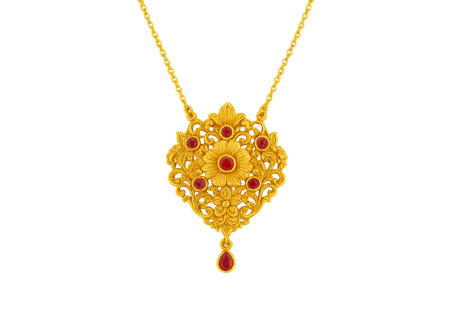 Elegant 22KT gold pendant necklace with intricate floral design. Perfect for festive and daily wear. with ruby give the image png format no background 