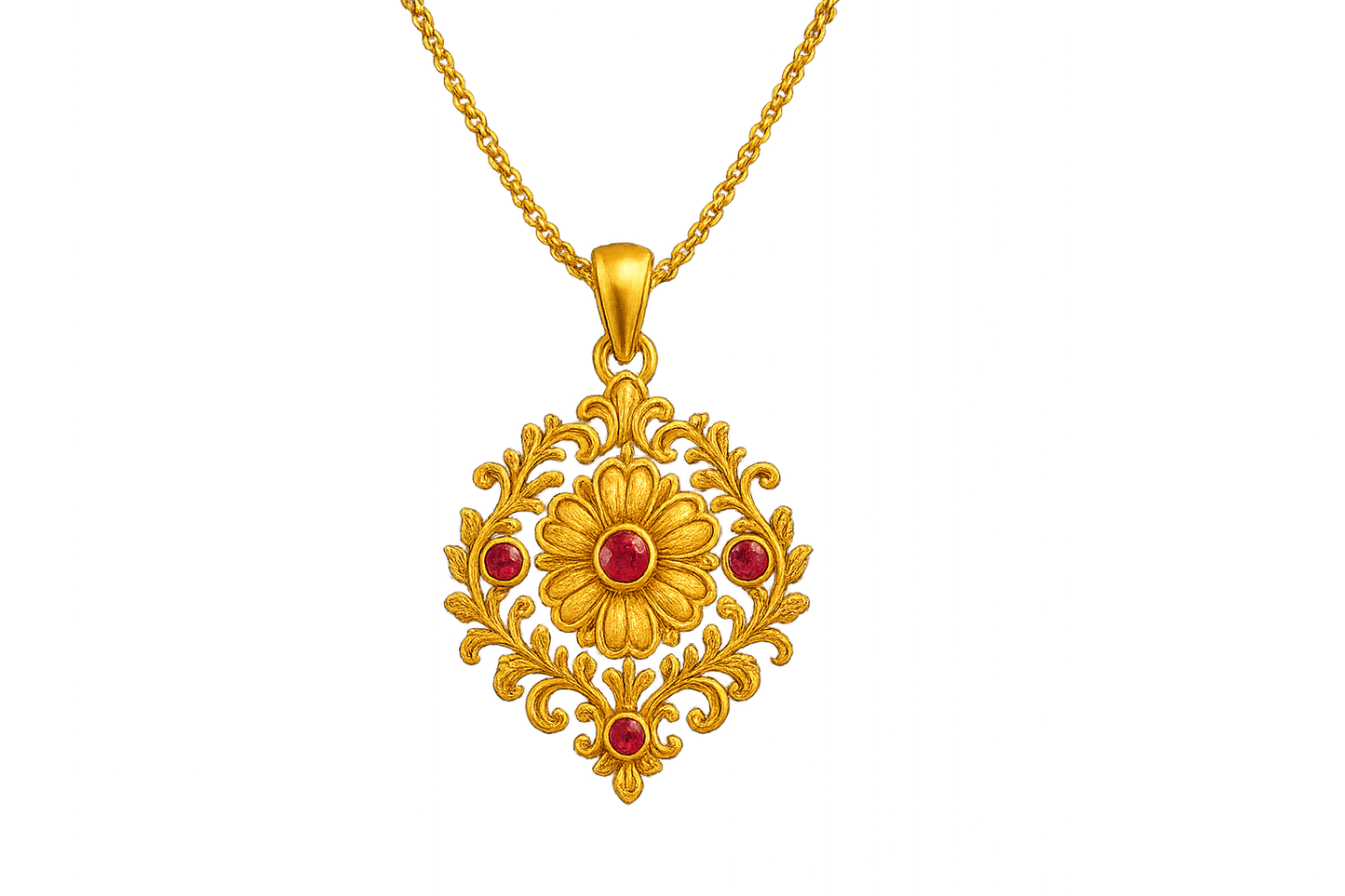 Elegant 22KT gold pendant necklace with intricate floral design. Perfect for festive and daily wear.with ruby give the image png format no background