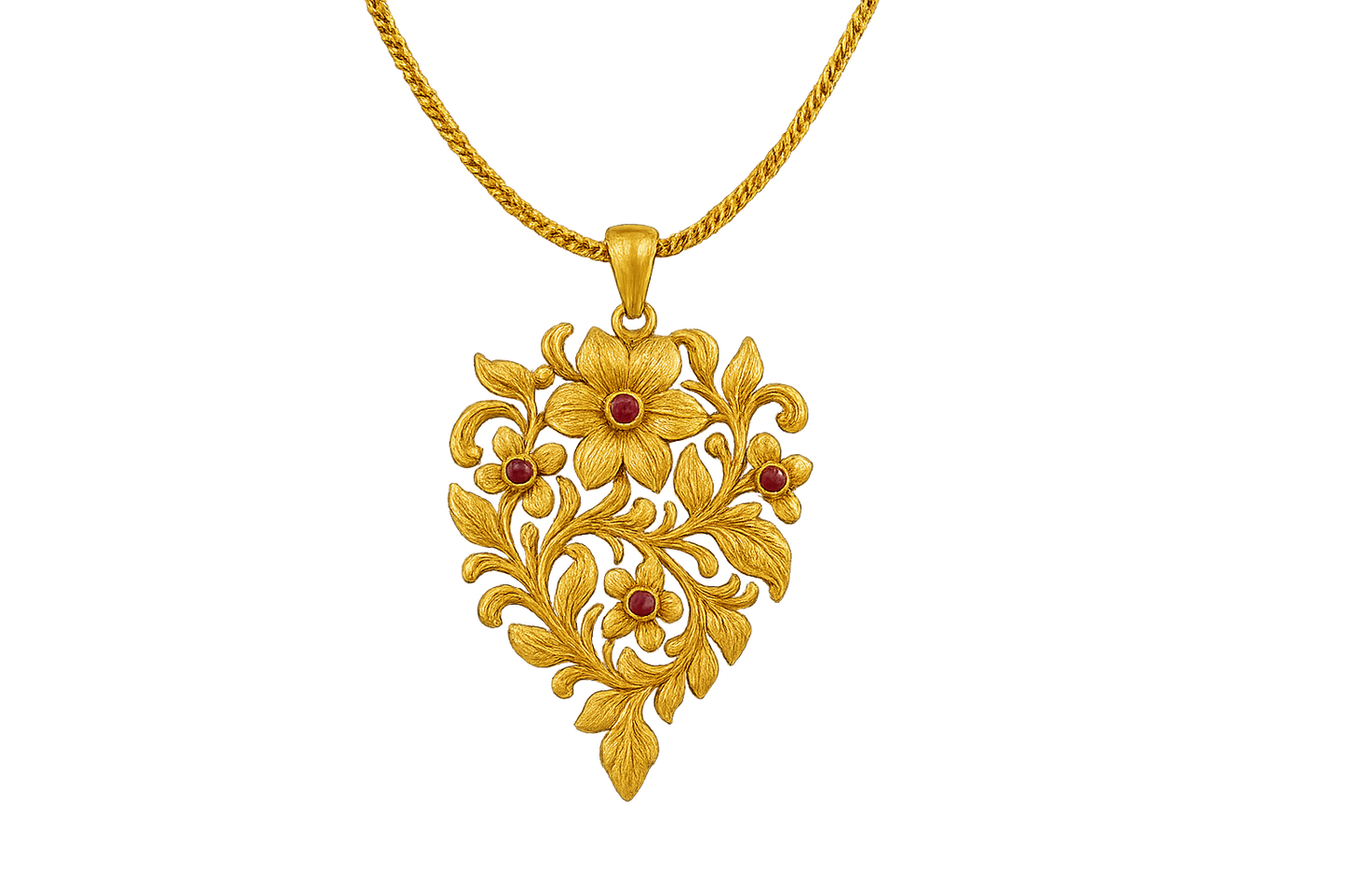 Elegant 22KT gold pendant necklace with intricate floral design. Perfect for festive and daily wear. with ruby no background png fomat